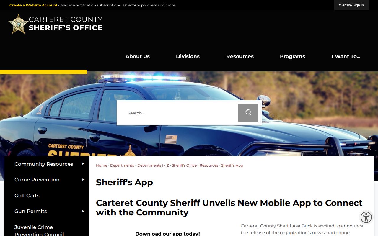 Official Carteret County Sheriff app page