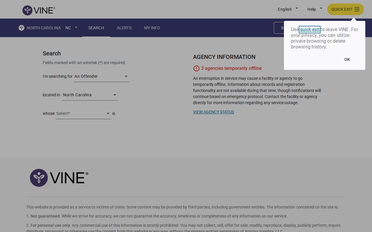 VINELink North Carolina person search interface