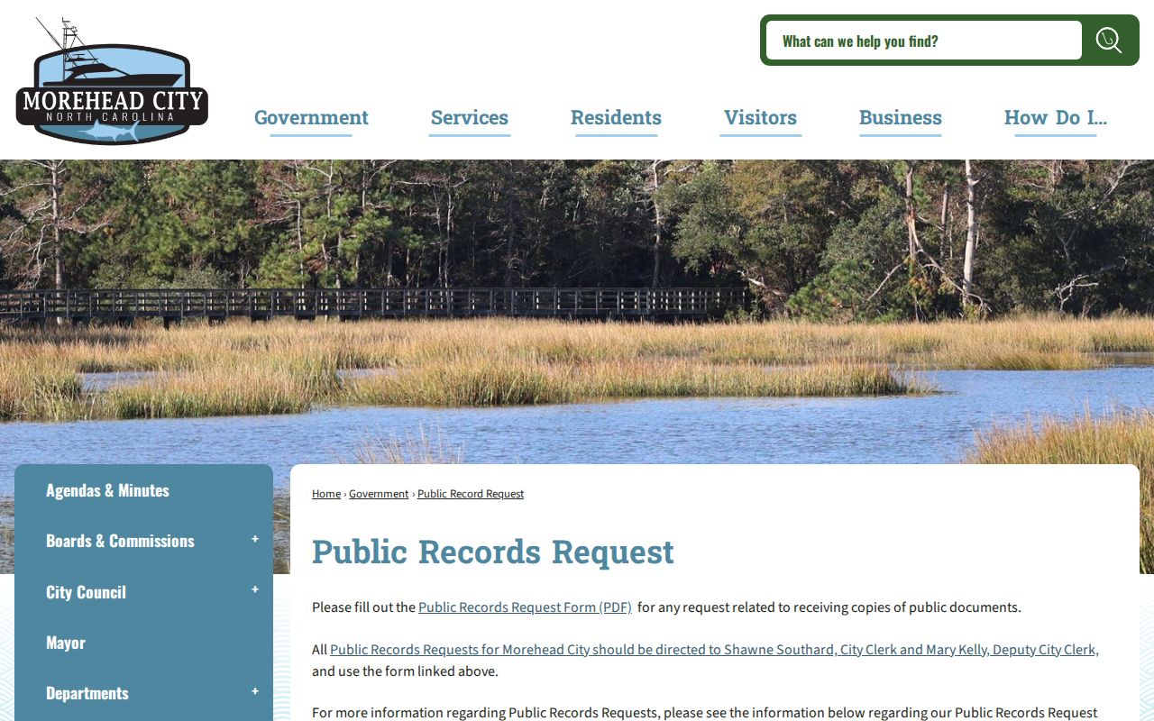 Morehead City public record request page with city clerk routing