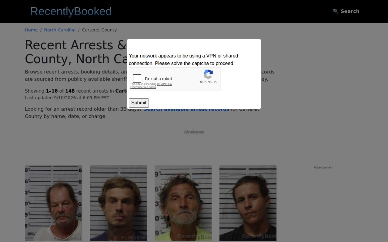 Unofficial RecentlyBooked Carteret County index