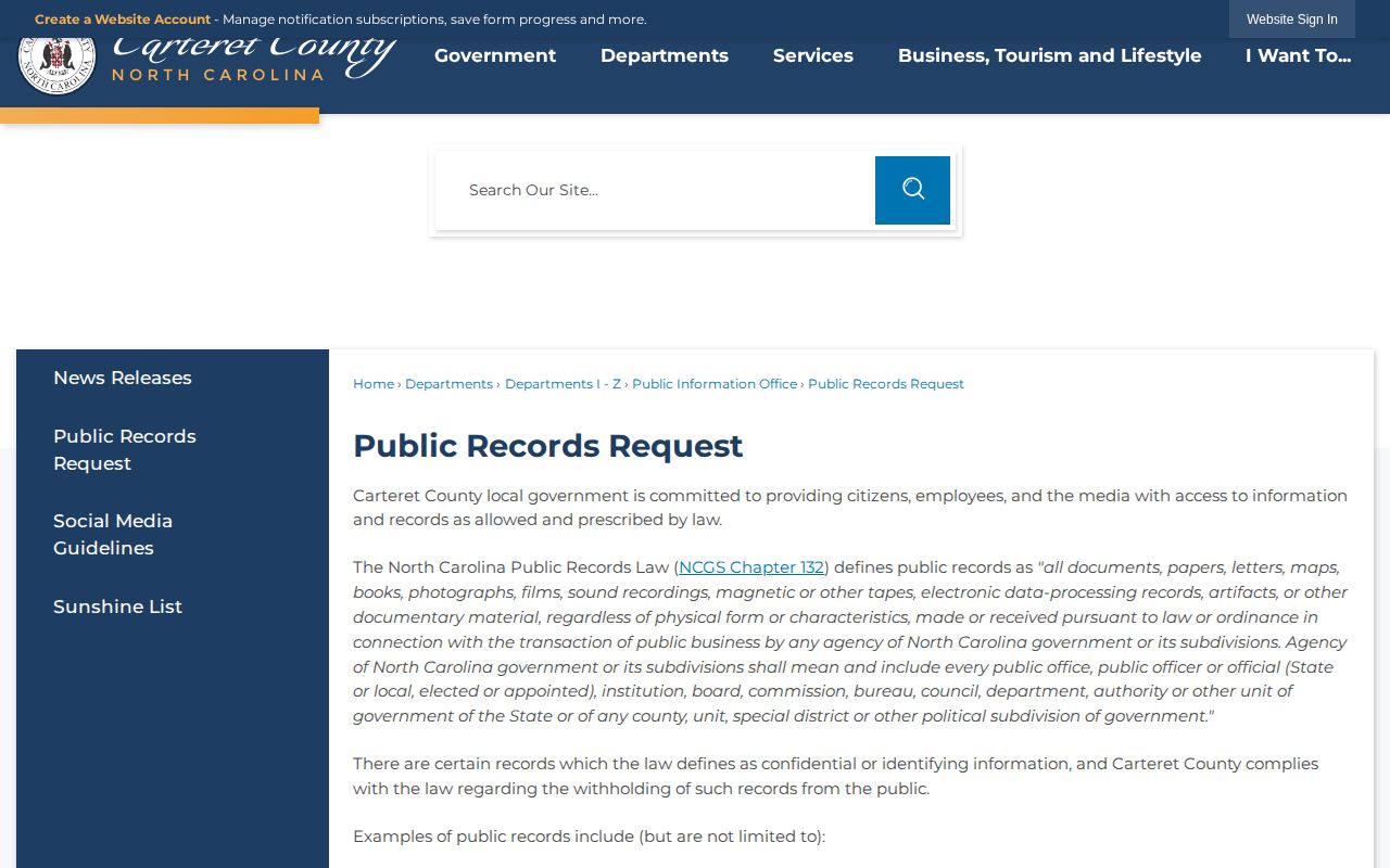 Carteret County public records request page